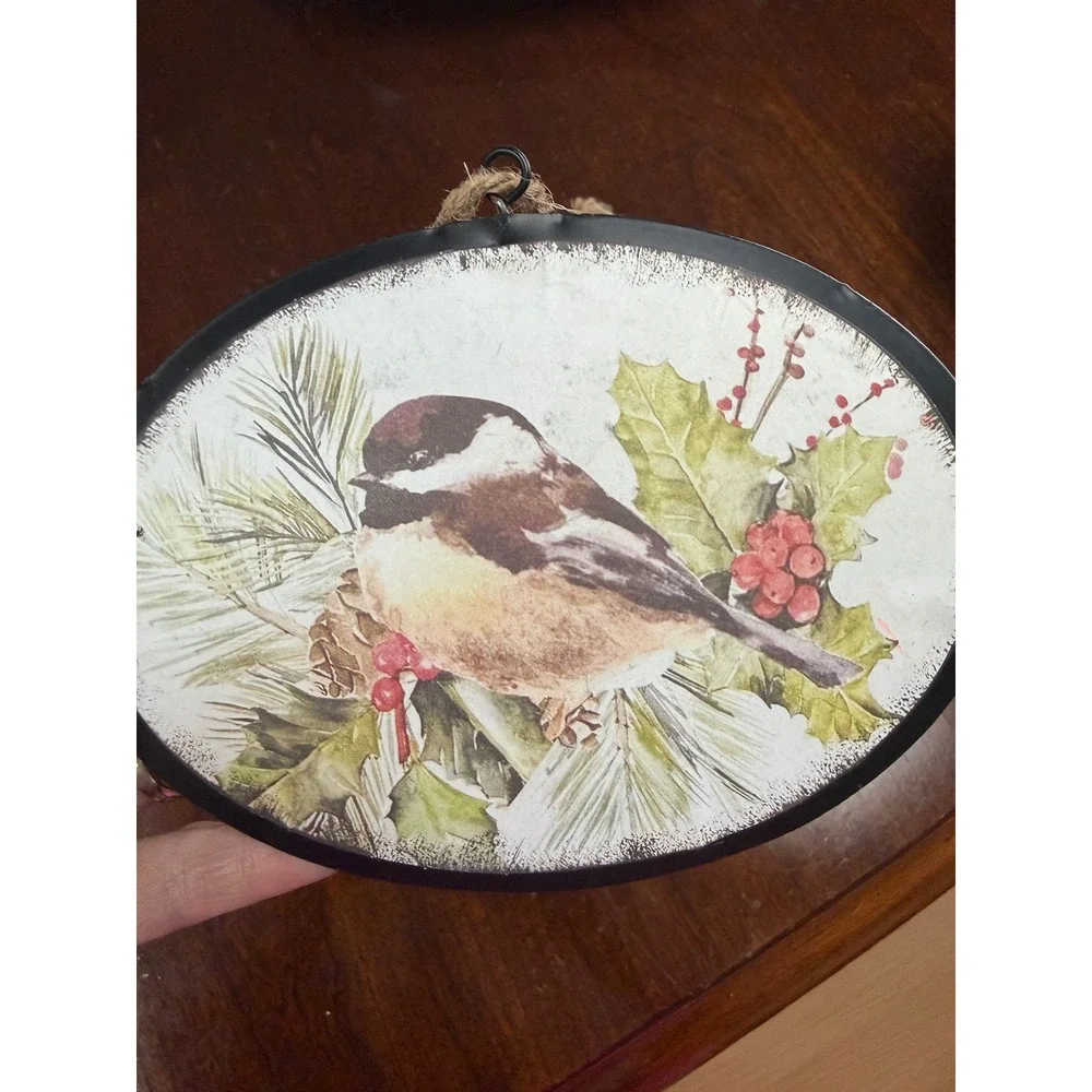 Set of 2 Winter Chickadee Bird Metal Oval Ornaments Christmas Farmhouse Decor